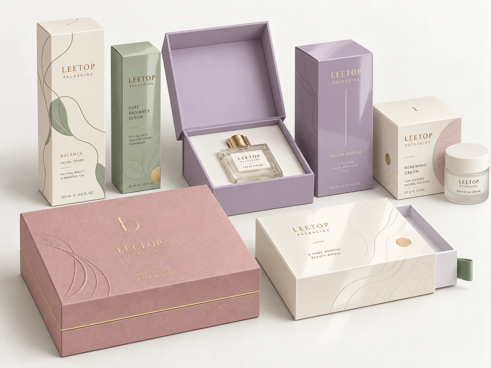 Custom beauty and perfume cartons and rigid boxes with gloss, matte and textured finishes