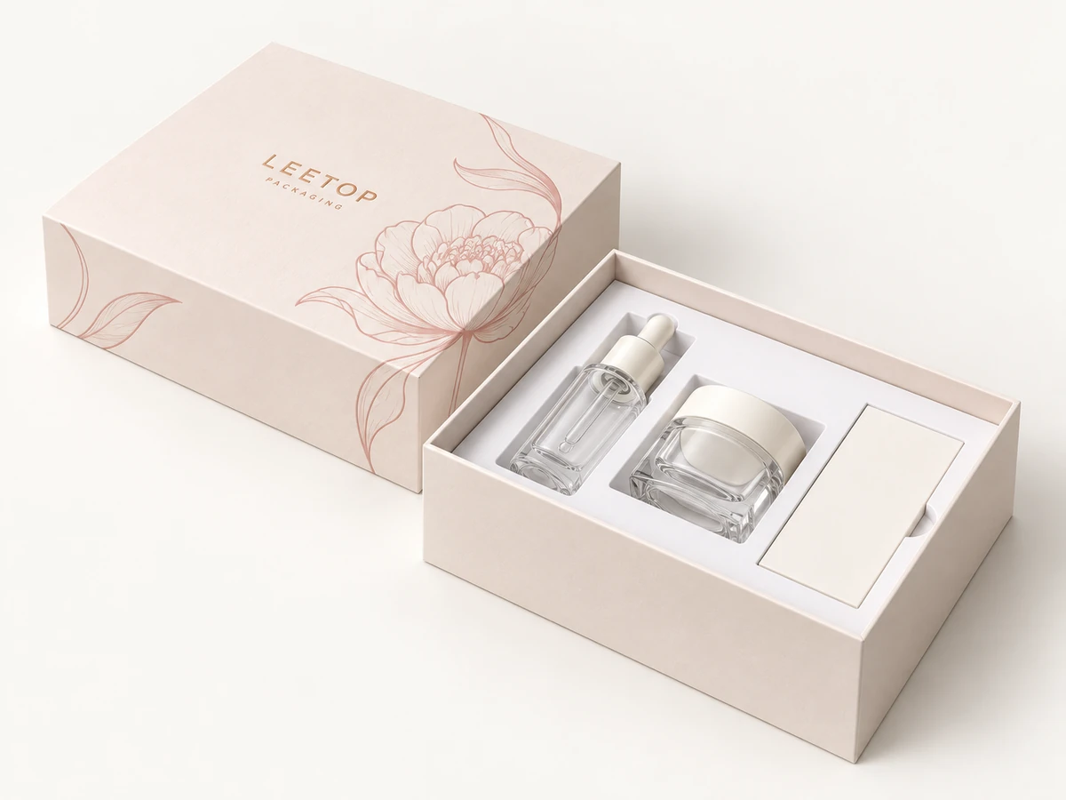 Skincare bottle and cream jar in a fitted gift-box insert